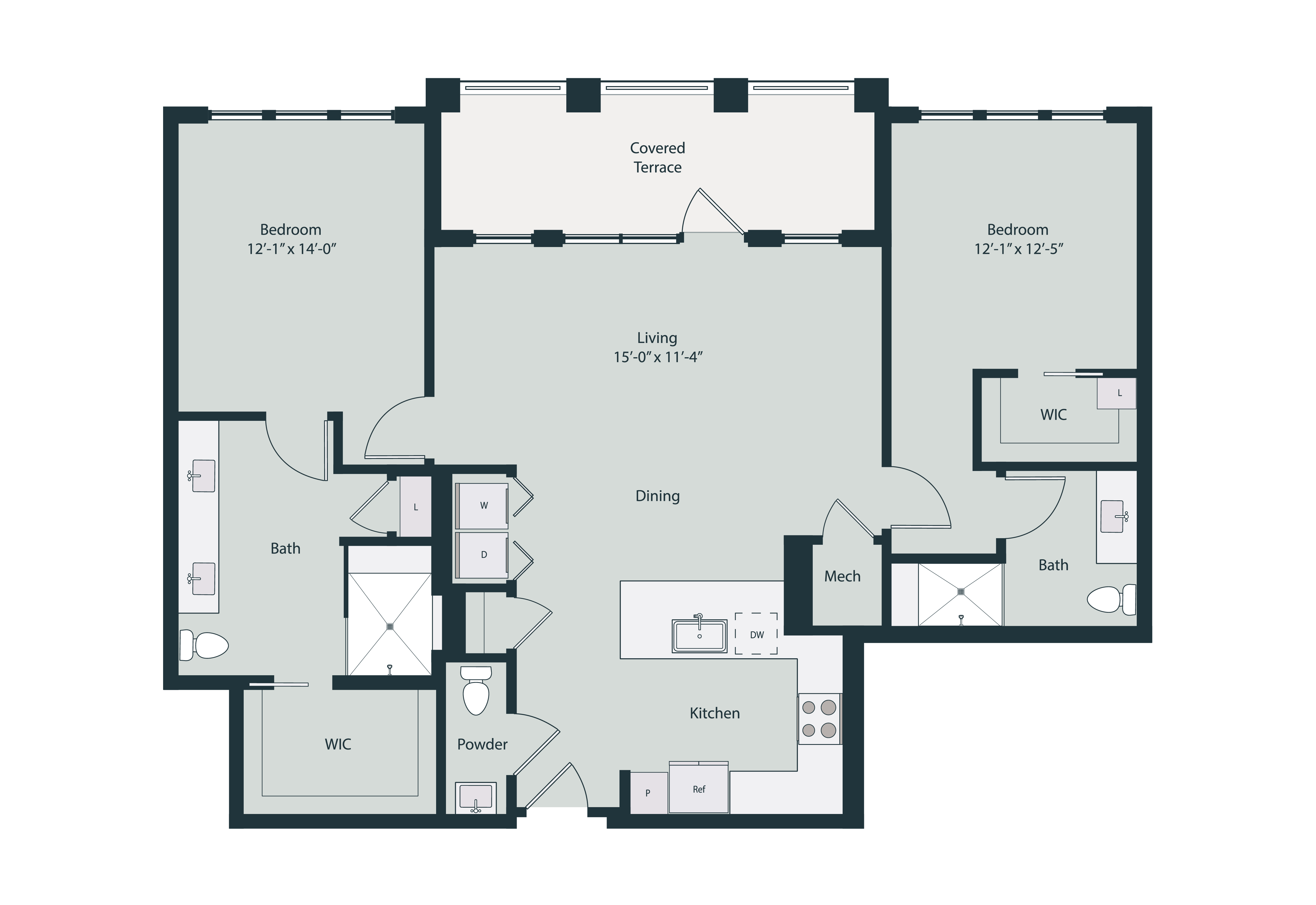 Floor plan for 2 beds, 2.5 baths, 1375 sqft